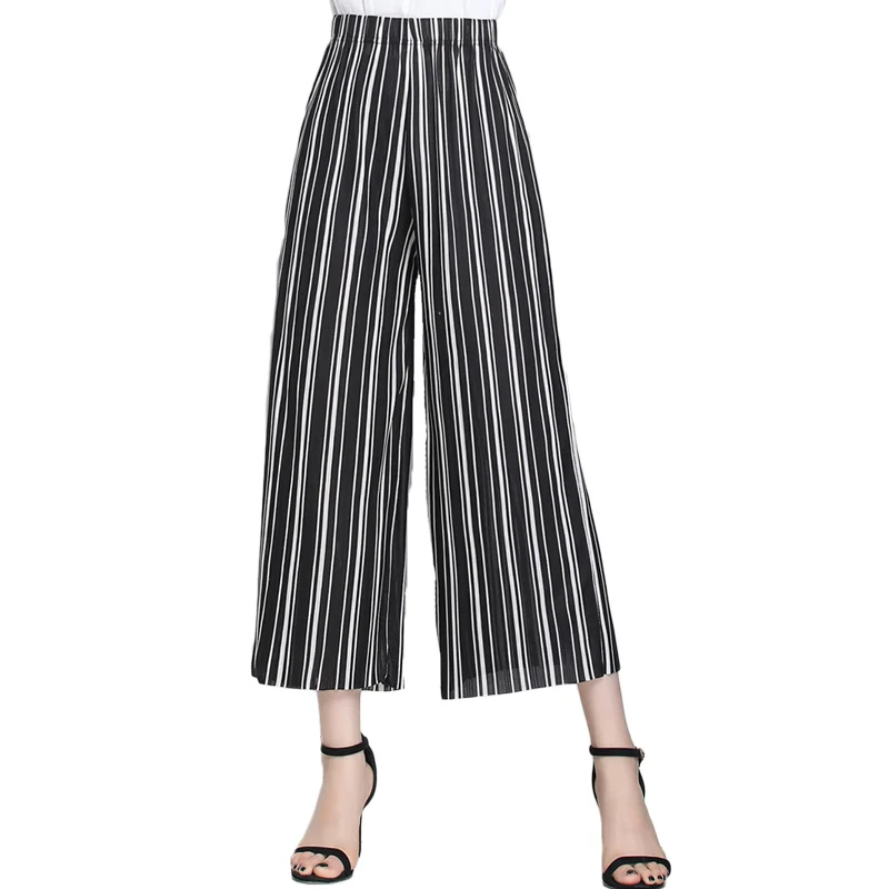

2019 Summer European Style New Pleated Women Wide Leg Pants Loose Chiffon Anklet Length Pant High Elastic Waist Trousers