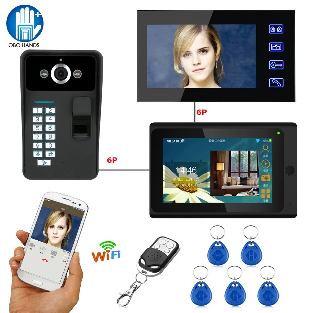 

7" Wifi Video Doorphone Doorbell Intercom System RFID Fingerprint IR Camera with 2 Indoor Monitor 1000TVL Waterproof IOS/Android