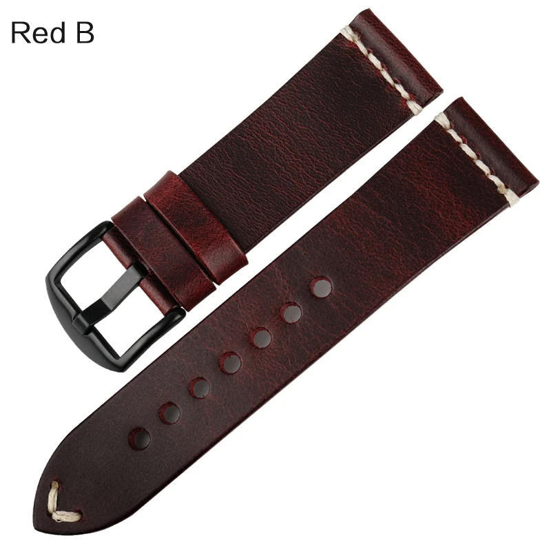 MAIKES Luxury Leather Watch Band with Steel Buckle - Retro Red Grain, 6 Color Options