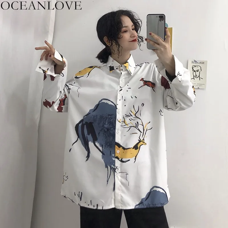 

OCEANLOVE Harajuku Chic Streetwear Graffiti Blouse BF Style Loose 2019 Spring Women Tops Print Fashion Girls Long Blusas 11144