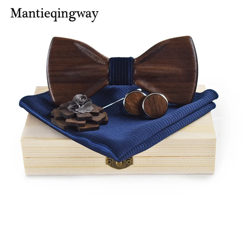  Mantieqingway Wooden Bow Tie Set for Mens Wood Bowties Brooch Handkerchief Cufflinks Set Gravatas W