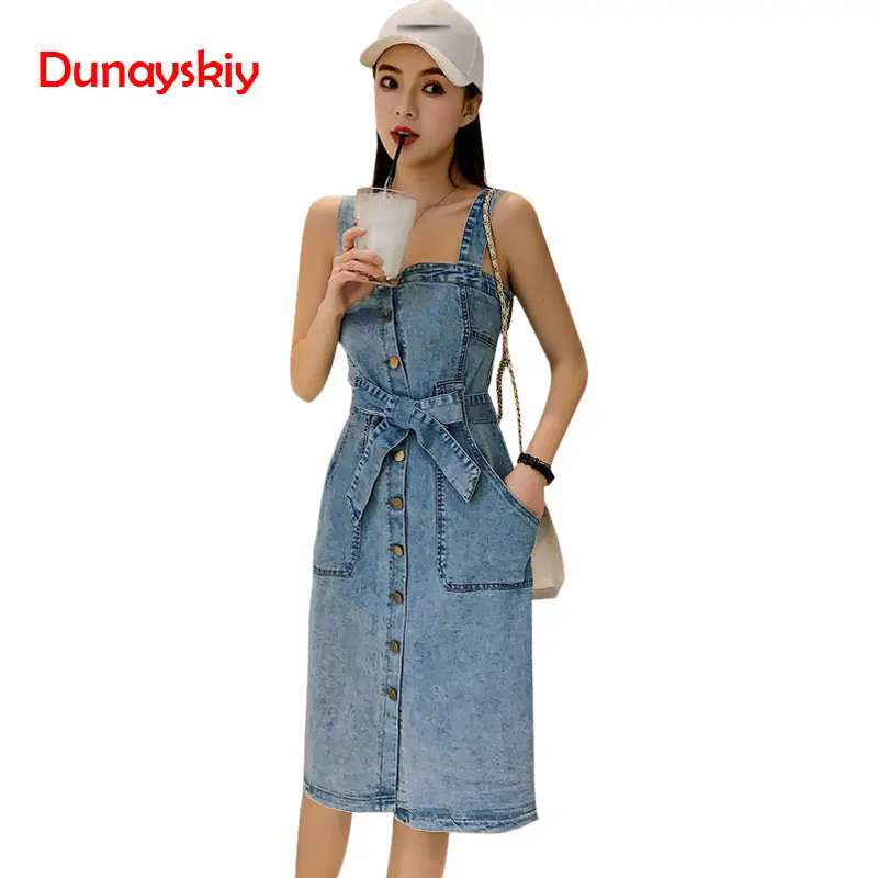 

2019 New Sexy Casual Club Dress Bodycon Washed Denim Dress Midi Summer Outfits Sleeveless Jeans Dress With Bow