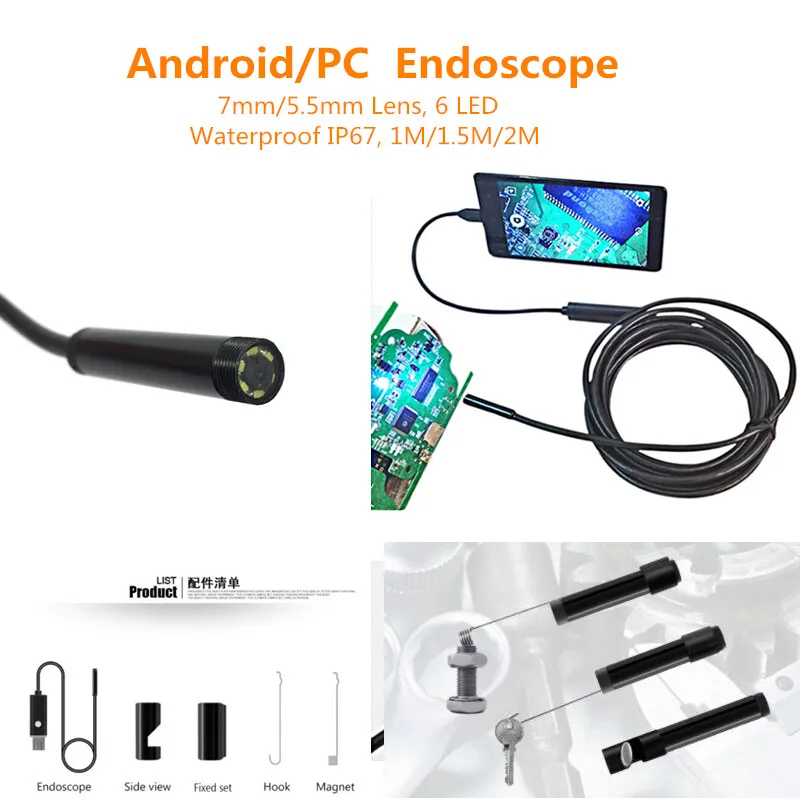 

5.5mm/7mm Lens 6LED USB Endoscope Camera Borescope Snake Inspection Video Cam Ip67 Waterproof 640*480P For PC With OTG Adapter