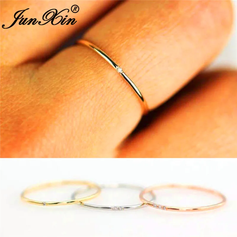 

JUNXIN Stacking Female Thin Ring With Stone 925 Silver Rose Gold Filled Dainty Wedding Rings For Women White Crystal Midi Ring