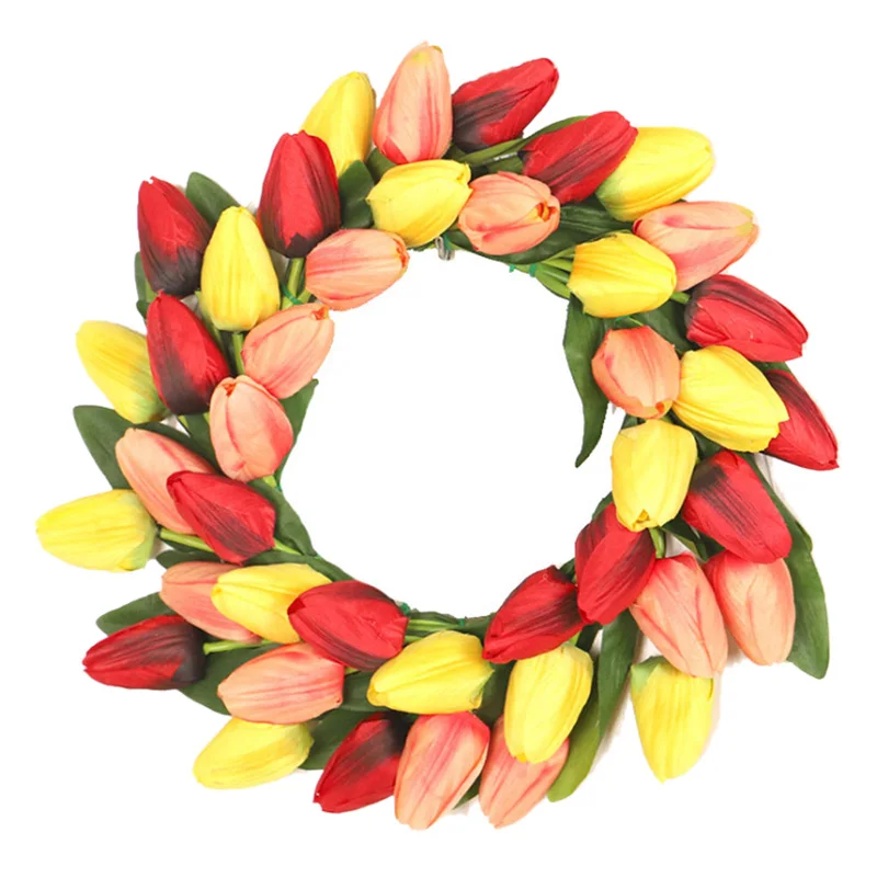 JEYL Artificial Tulip Flower Wreath, Colorful Silk Tulips Front Door Wreath With Green Leaves Decor For Home Wall Wedding - Цвет: Yellow