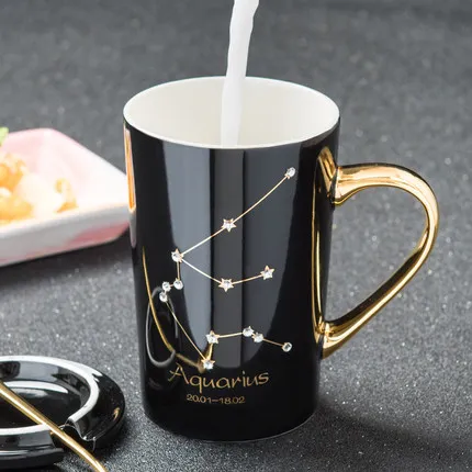 Online 12 onzas creativo diamante taza de café de cerámica taza de té de porcelana con oro pintado como regalo con tapa y cuchara