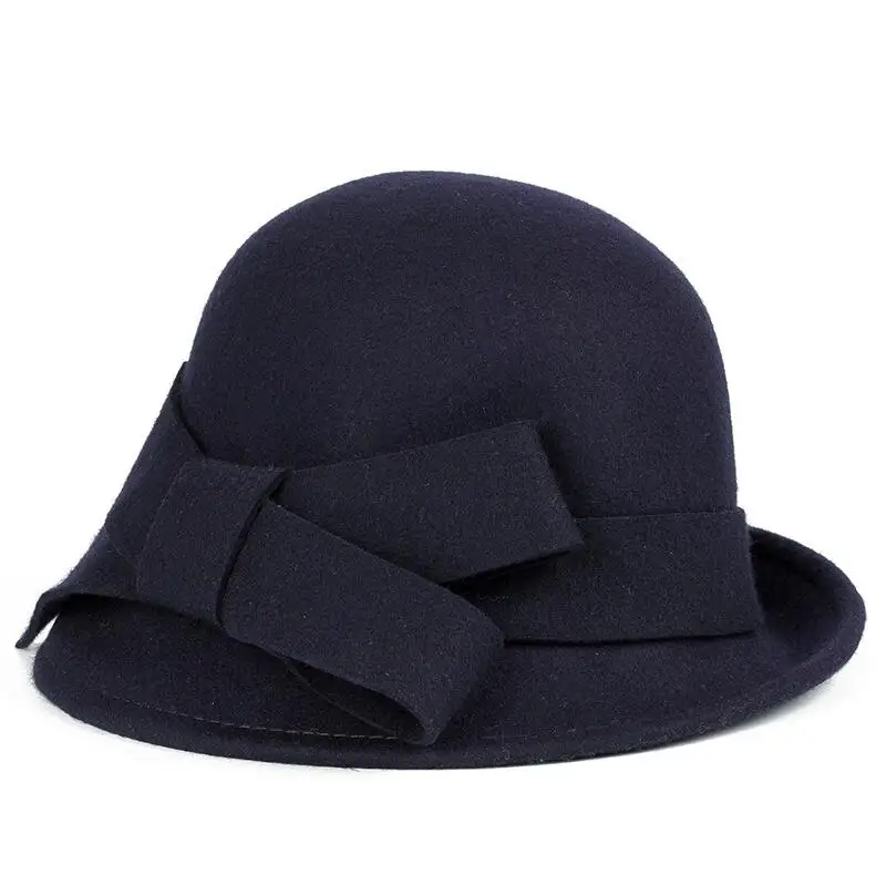 New100% Wool Europe England Fall Winter Women's Fedora Caps Vintage Sun Hats For Woman Lady Wide Brim Wool Felt Bowknot Hat