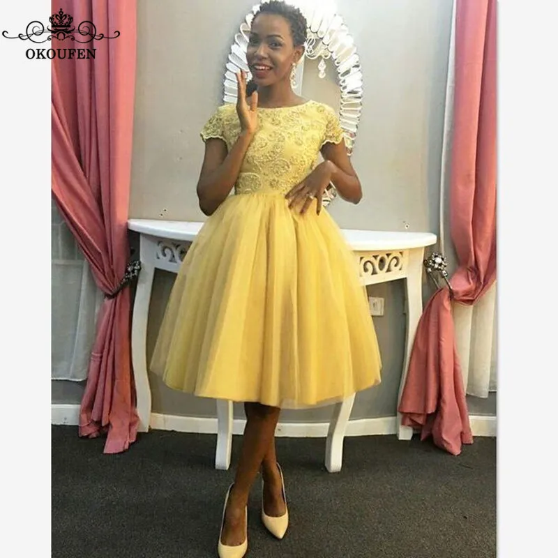 2018 Short Yellow Bridesmaid Dresses With Ced Sleeves Open Back A 2018 Short Yellow Bridesmaid Dresses With Ced Sleeves Open Back A Line Knee Length Sheer Lace Liques Party Dress Prom Gown
