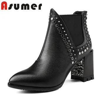

ASUMER FASHION 2020 pointed slip on ankle boots elastic band adult black genuine leather boots thick heels winter women boots