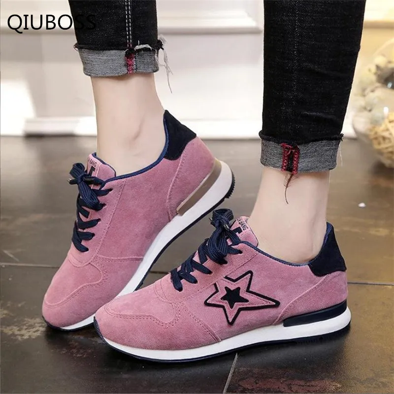 

QIUBOSS Fashion Women Vulcanized Shoes Autumn Sneakers Ladies Lace-up Casual Shoes Breathable Double star Women Flat Shoes Q482