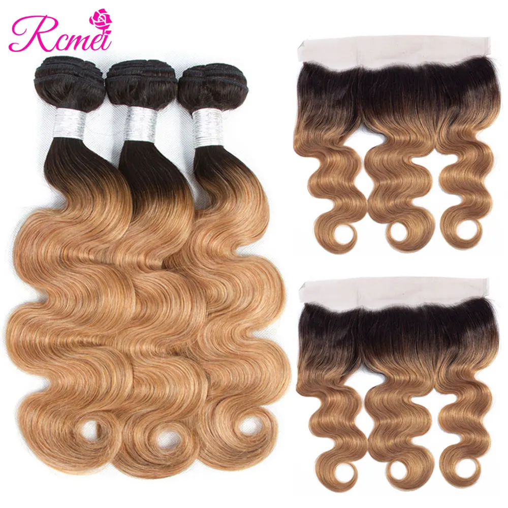 

Ombre 613 Honey Blonde Brown Wine Red 3 Bundles With Frontal Closure Brazilian Body Wave Two Tone Dark Roots Non Remy Hair Rcmei