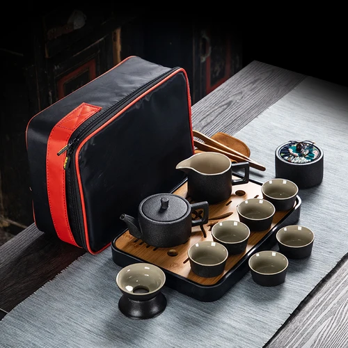 Chinese Style Ceramics Black Kung Fu Tea Set Suit One Teapot and Six Cups Carrying Case Travel Tea Set - Цвет: I