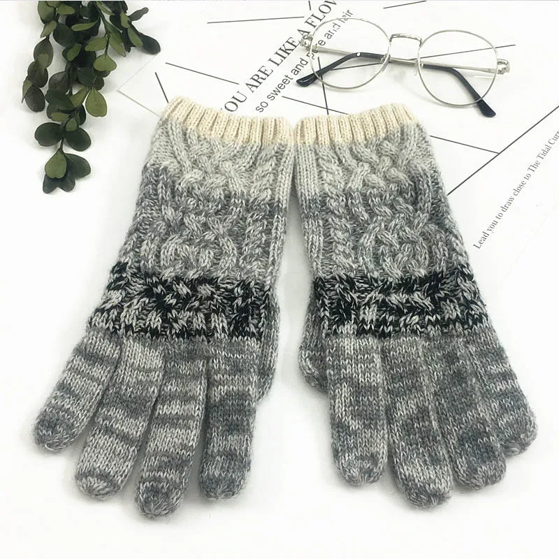 grey Winter Gloves Women Men Knitting Warm Winter Stretch Knit Mittens Wool Full Finger Guantes Female Crochet Mitt - Color: grey