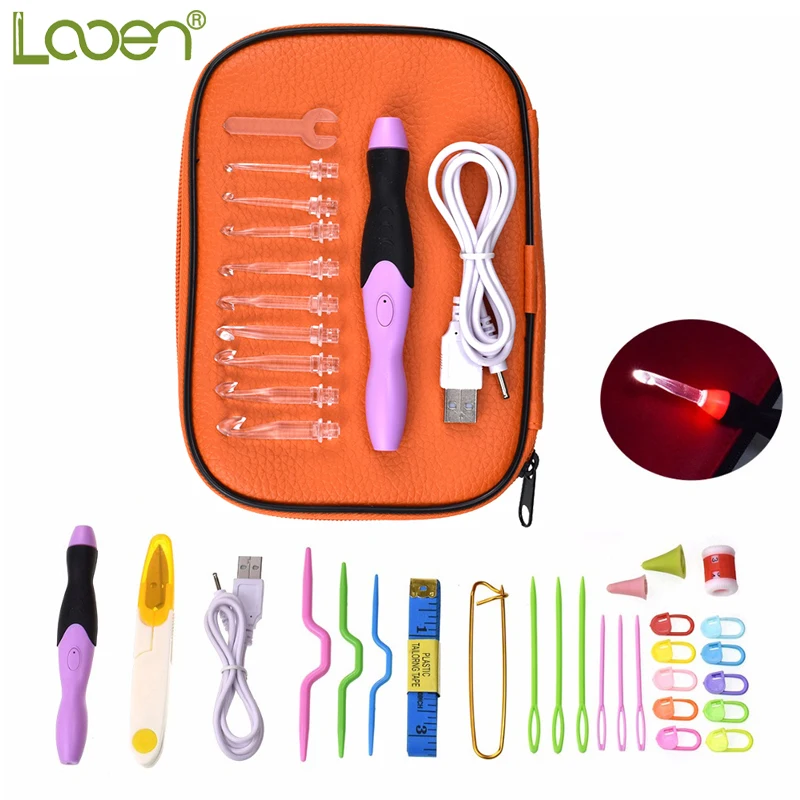 

Looen LED Crochet Hooks Set 9 Interchangeable Heads Light Up USB Knitting Needles Weave Sewing Tool Accessories With Battery