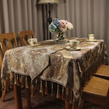 

CURCYA Beige Classic Chenille Jacquard Luxury Table Cloth Noble Elegant Wedding Vintage Decoration Table Covers Custom Size