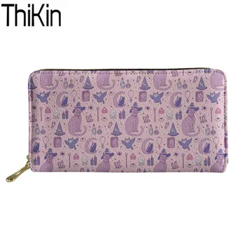 

Thikin Women Cluth Wallets Mystical Cats Printing PU Purse Ladies Long Phone Cash Holder Females Zipper Designer Money Wallet