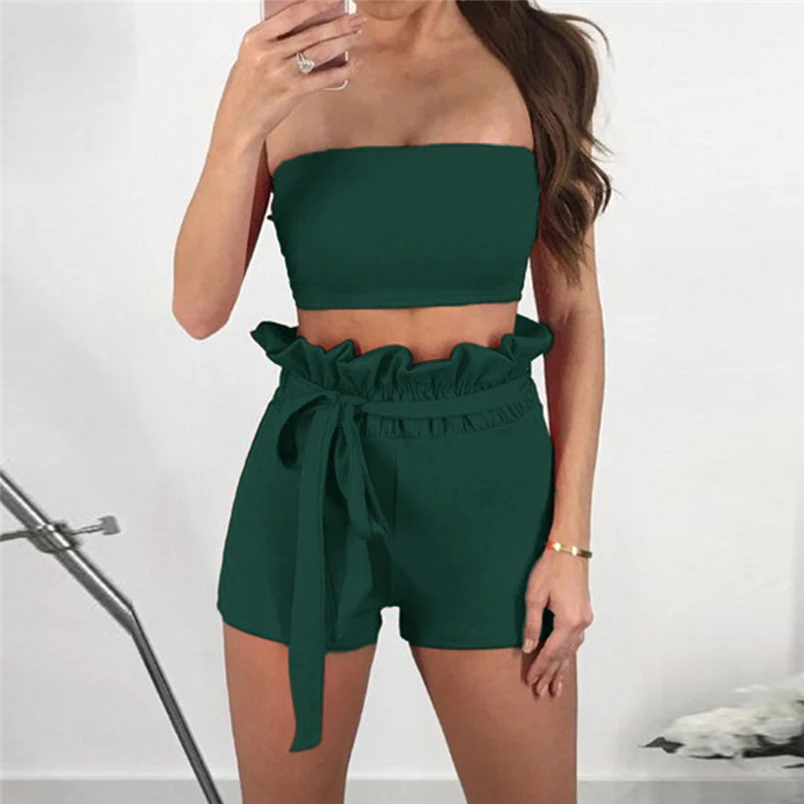 Sexy Women Summer New Brand Sets Solid Off The Shoulder Sleeveless Beach Hot Sale Vest Blouse + Shorts Two-Piece Outfit #J25 (9)