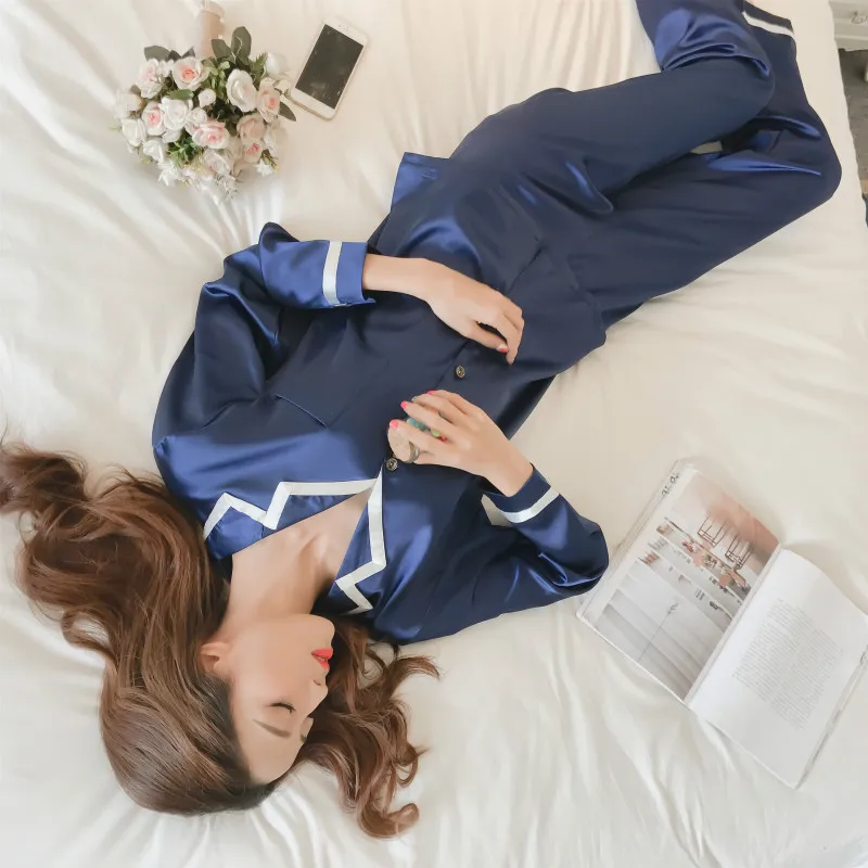 

Fashion Womens Silk Satin Pajamas Pyjamas Set Long Sleeve Sleepwear Pijama Pajamas Suit Female Sleep Two Piece Set Loungewear