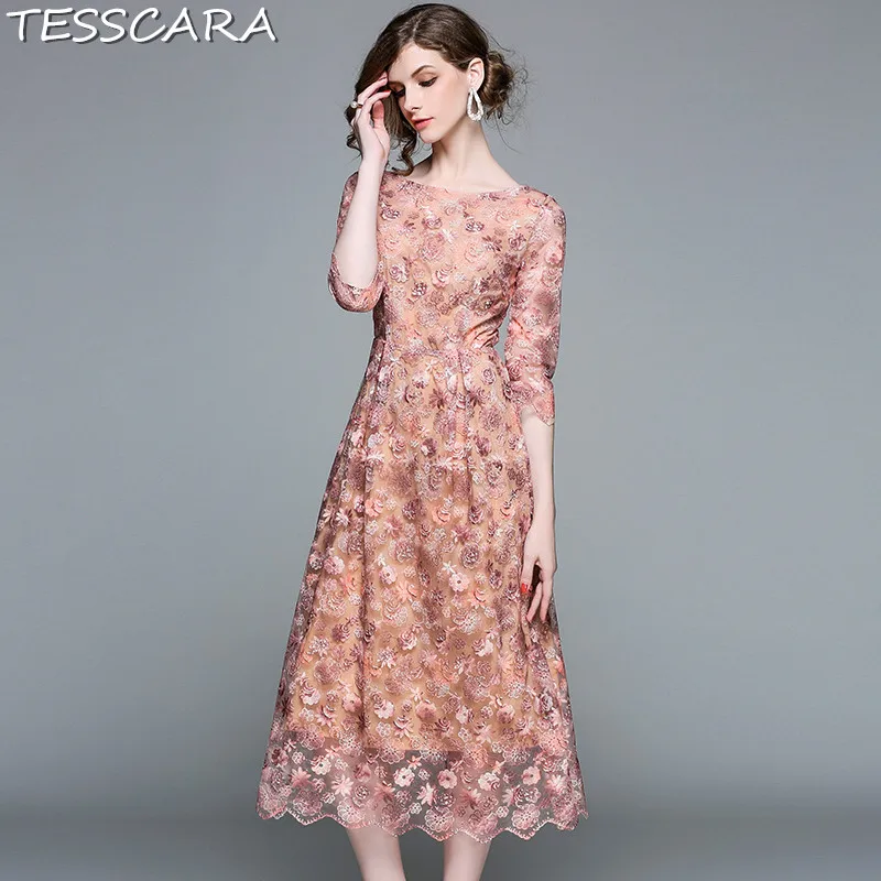 TESSCARA для женщин Элегантный Вышивка Сетчатое платье Festa женский высокое качество Винтаж Дизайнер Vestidos офисные женские туфли Женская одежда для вечеринки