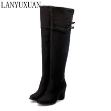 Зимние сапоги г. Большой размер 34-48, женские сапоги до колена пикантная обувь на не сужающемся книзу массивном каблуке, с круглым носком, весна-осень обувь без платформы 722-2