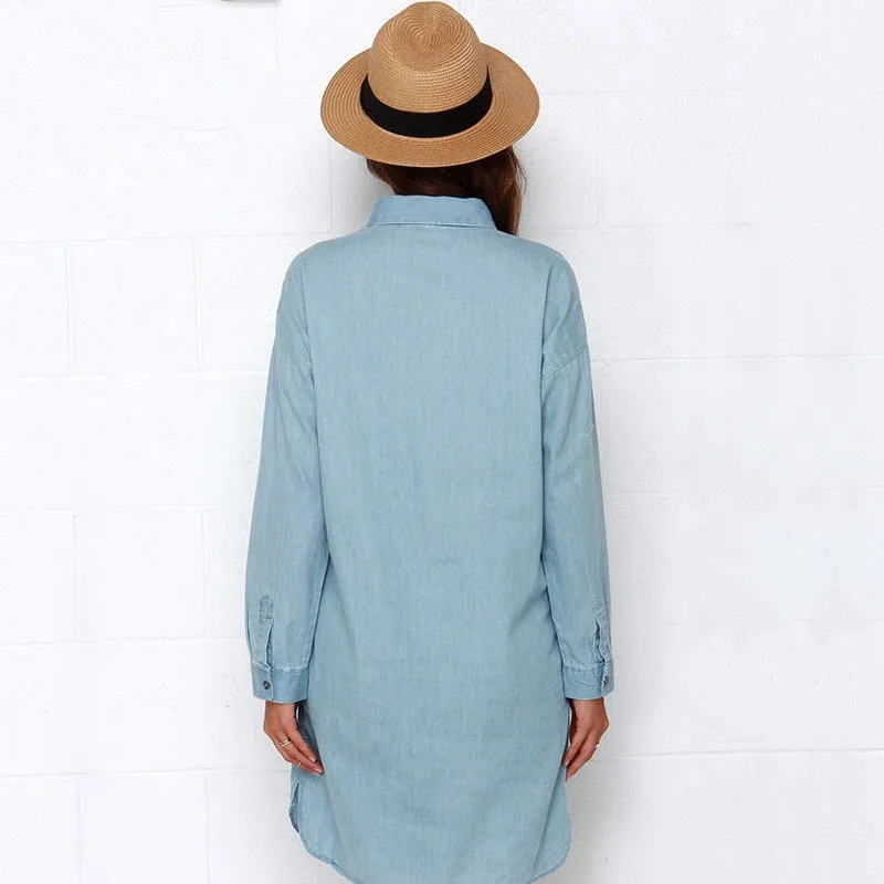 Women's Shirt Shift Denim Dress Solid Loose Jeans Mini Dress Sexy Casual Dress