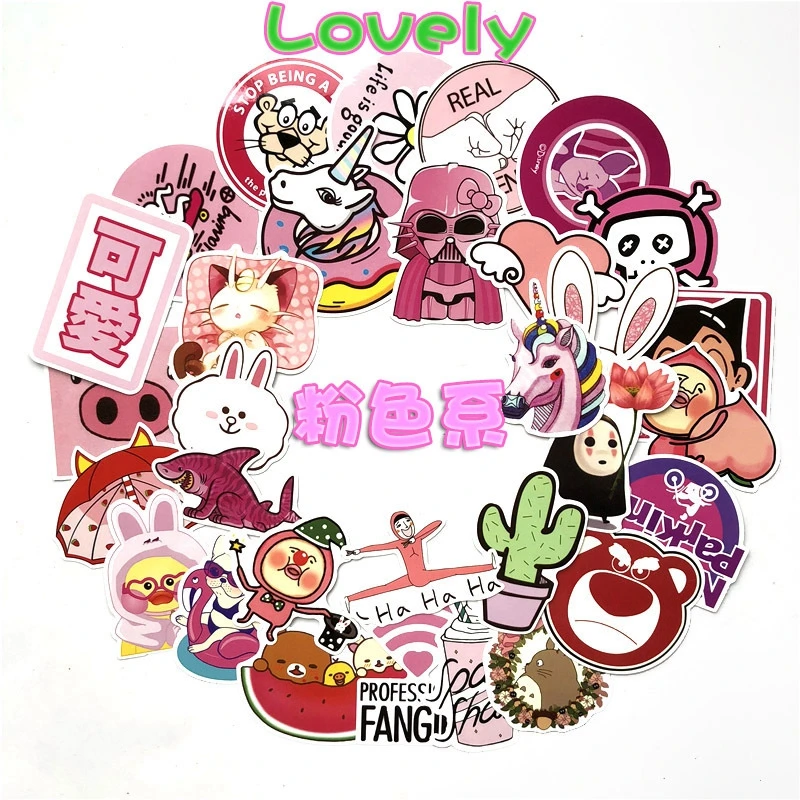 Pink Girl Stickers Cute Cartoon Cool Fashion Stickers Laptop Skateboar Luggage Graffiti Waterproof Guitar Furnitur Sticker 30pcs