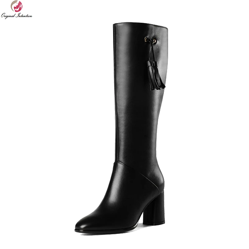 

Original Intention Concise Women Knee High Boots Cow Leather Fringe Pointed Toe Square Heels Boots Shoes Woman US Size 4-8.5