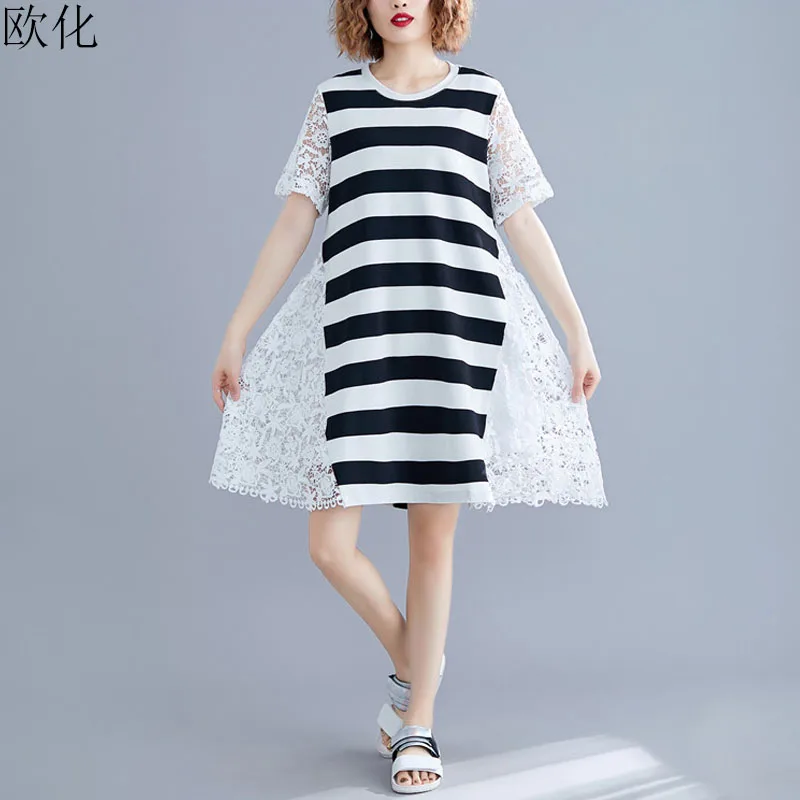 

Women T Shirt Dress Plus Size Lace Splice Summer Robe Vintage Sundress Ladies Short Sleeve Casual Loose Striped Midi Dresses 4XL