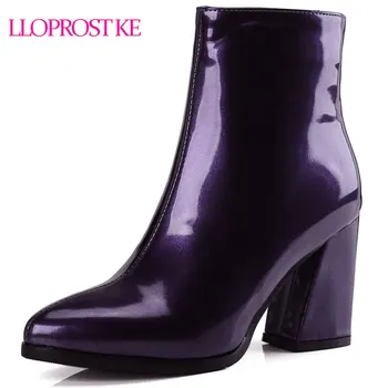 

Lloprost ke Size 32-43 Women High Heels Boots Shine Thick Heels Women Winter Shoes PU Leather Ankle Boots Sexy Warm Shoes D658