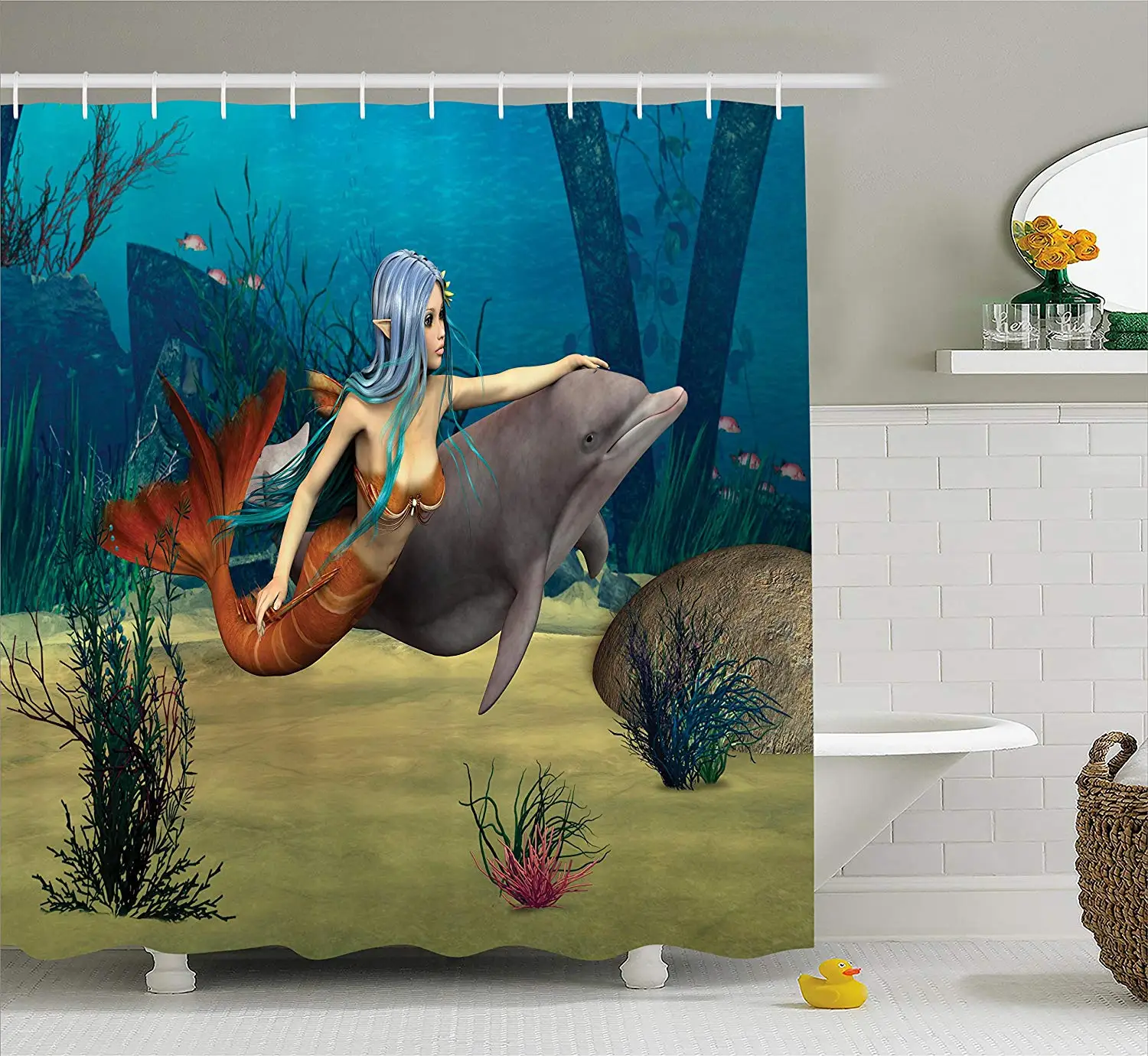 

Mermaid Shower Curtain Cute Mermaid Girl & Dolphin Swimming Underwater in Blue Ocean Image Fabric Bathroom Decor Set with Hooks