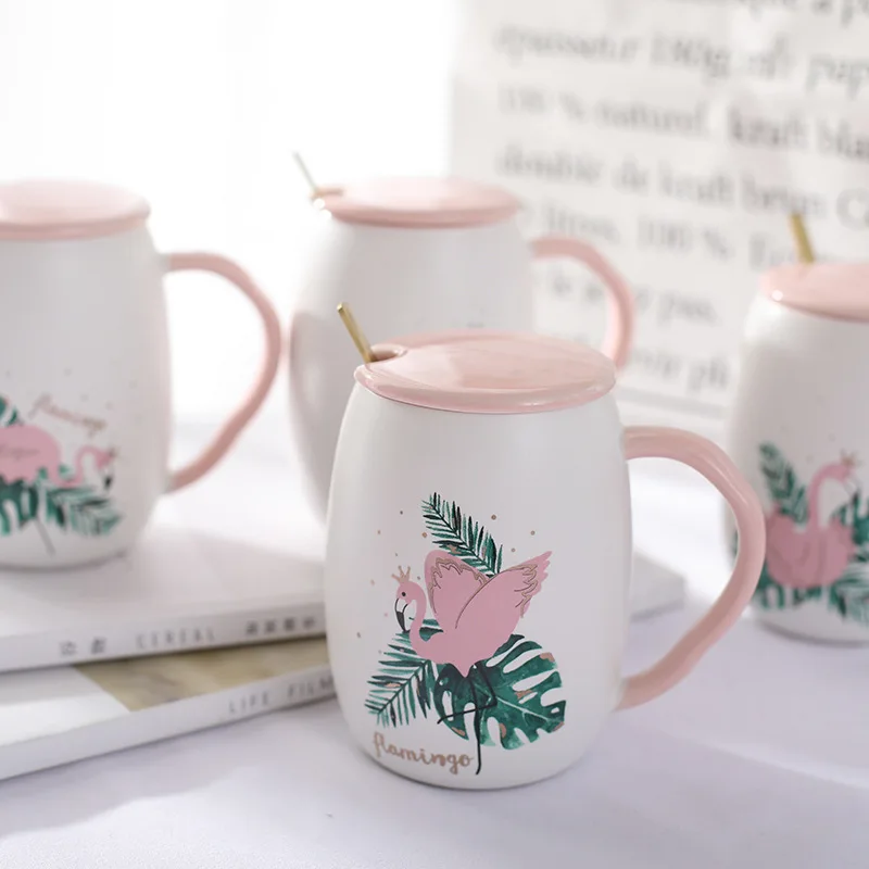 

Flamingo and Tropical Plants Ceramic Coffee Mug with Pink Lid and Spoon Porcelain Coffee Cup for Water Tea Birthday Gift