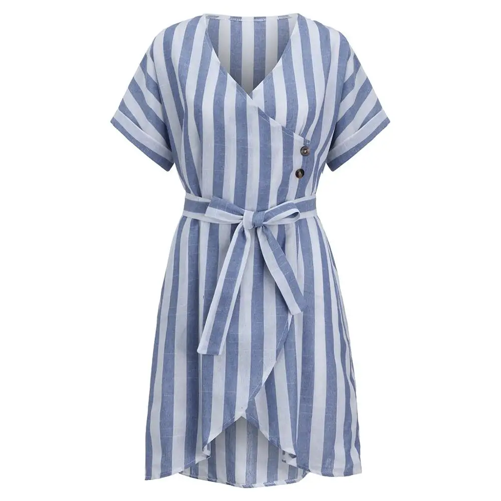 

JAYCOSIN 2019 New Summer Women Dress Holiday Blue White Striped Bow Sashes Short Sleeve V-Neck Wrap Mini Beach Sundress 903199