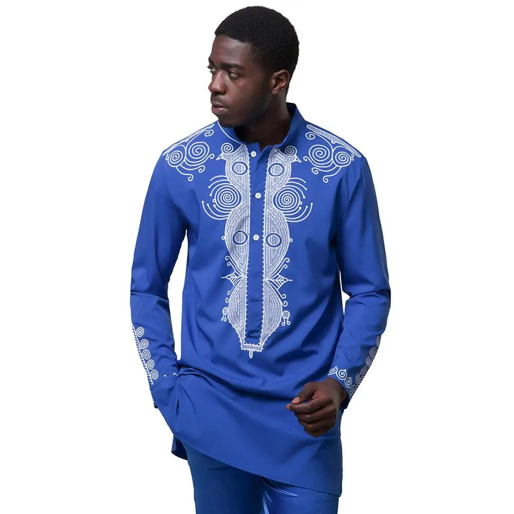 SUNGIFT Африканский Мужской Топ традиционная одежда с принтом топ с длинными рукавами Дашики стоячий воротник Мужская рубашка африканская мужская одежда - Цвет: Blue