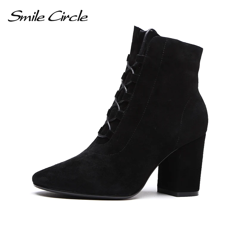 

Smile Circle High heel Ankle Boots Women Sheep Suede Pointed toe Lace-Up Short Boot Ladies Shoes Autumn Winter 2018