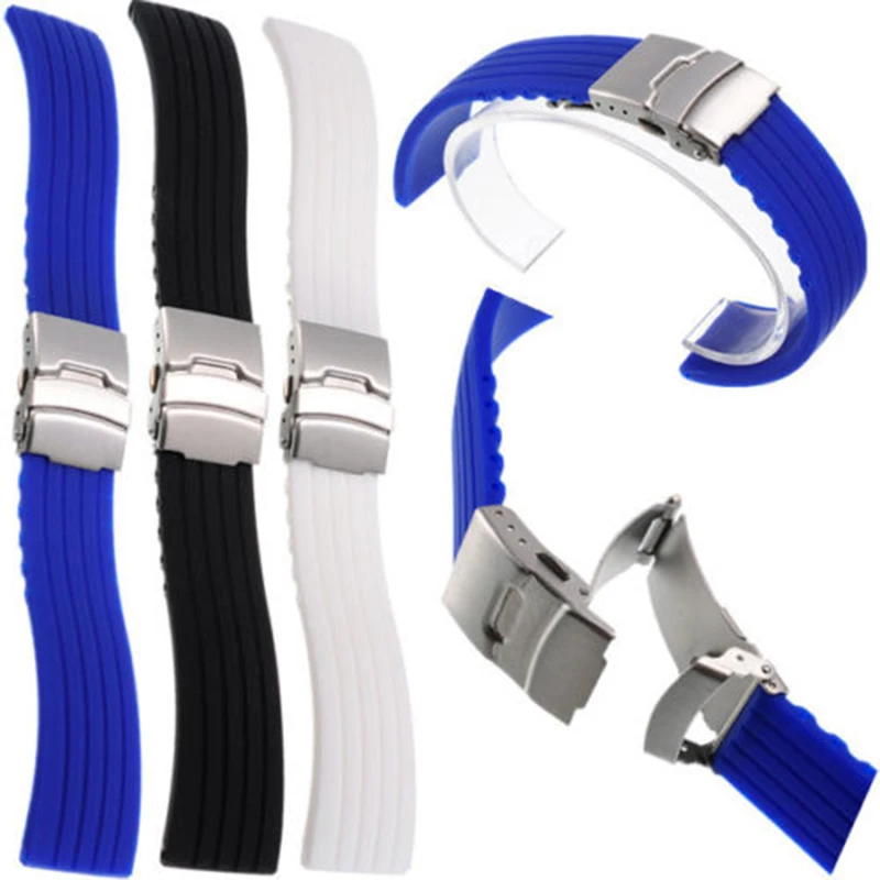 20mm 22mm reloj hombre Silicone Rubber Watch Strap Deployment Buckle Waterproof Band Sport Wrist Sweatband Watch Straps Band