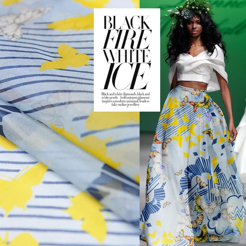 

Vintage Butterfly Printed 100% Silk Organza Fabric for Women Dress 140cm Wide 10 Momme Strepe Cloth for Diy Sewing Summer New