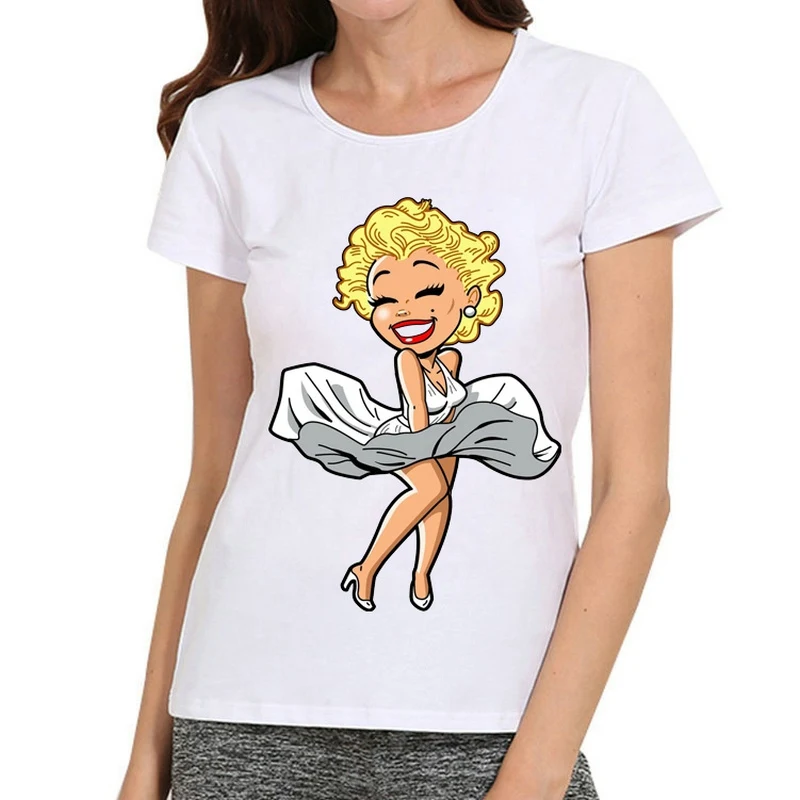 

Women Marilyn Monroe T Shirt White Color Short Sleeve Girls Fashion Marilyn Monroe T-shirt Tops Tees tshirt Female Clothes