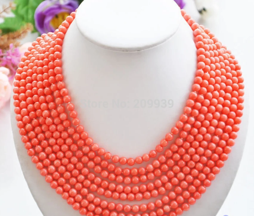 

FREE SHIPPING>>@> A291 Real 8row 16"~22" 6MM round pink coral bead necklace