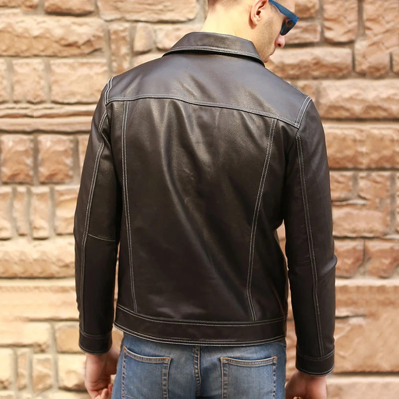 Men Casual Genuine Leather Coat Brand Luxury Real Leather Jacket Slim ...