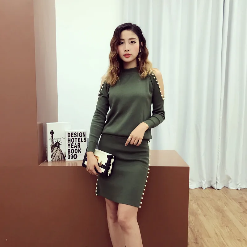 

[Alphalmoda] Spring New Arrival Women Off-shoulder Beaded Knit Skirts Suits Long-sleeved Sweater Top Slim Pencil Skirts Sets