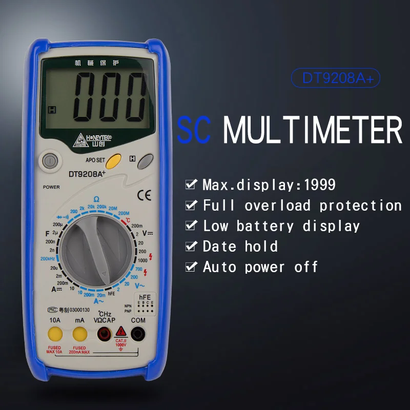 

HONEYTEK DT9208A+Digital LCD Multimeter Meter tester Current AC/DC Voltage Resistance Capacitance Frequency Temperature Tester