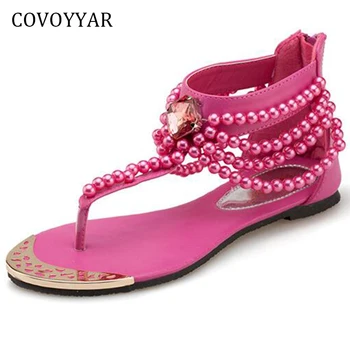 

COVOYYAR 2019 Boho Beading Flat Sandals Women Luxury Rhinestone T-Strap Lady Flip Flops Bohemian Summer Beach Shoes WSS101