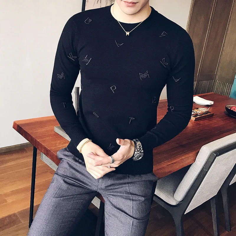 

Autumn New man knitted sweater 3D English embroidery slim neck sweater male