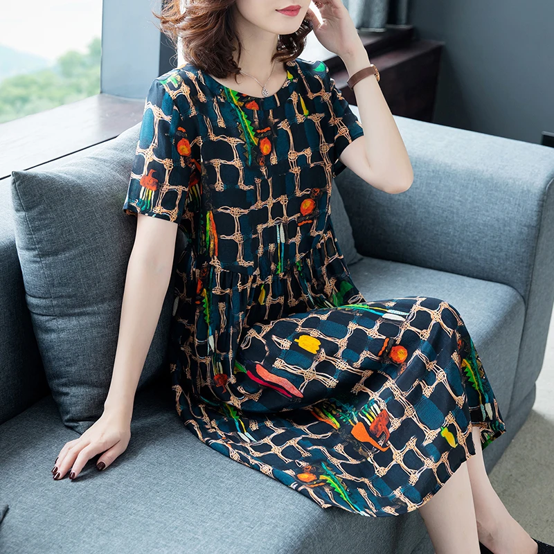 

Summer Stylish Geometric Women Knee Length Dress Short Sleeve A-Line Elegant Print Dresses Women's Loose Big Size Dress