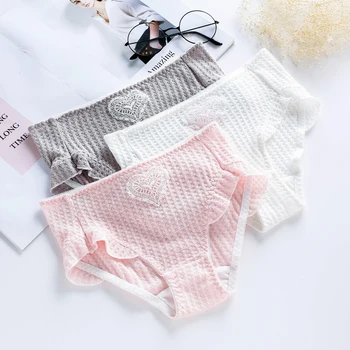 

Lotus Leaf Edge Sweet Mid waist Comfortable Hip Pure Cotton Fabric Loving Hollow Embroidery string femme stringi panties women
