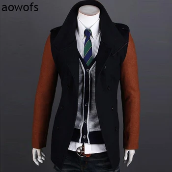 

Fashion 2020 Aowofs Autumn winter Casual men's Woolen double-breasted Slim Fit trench coat collar patchwork windbreaker overcoat