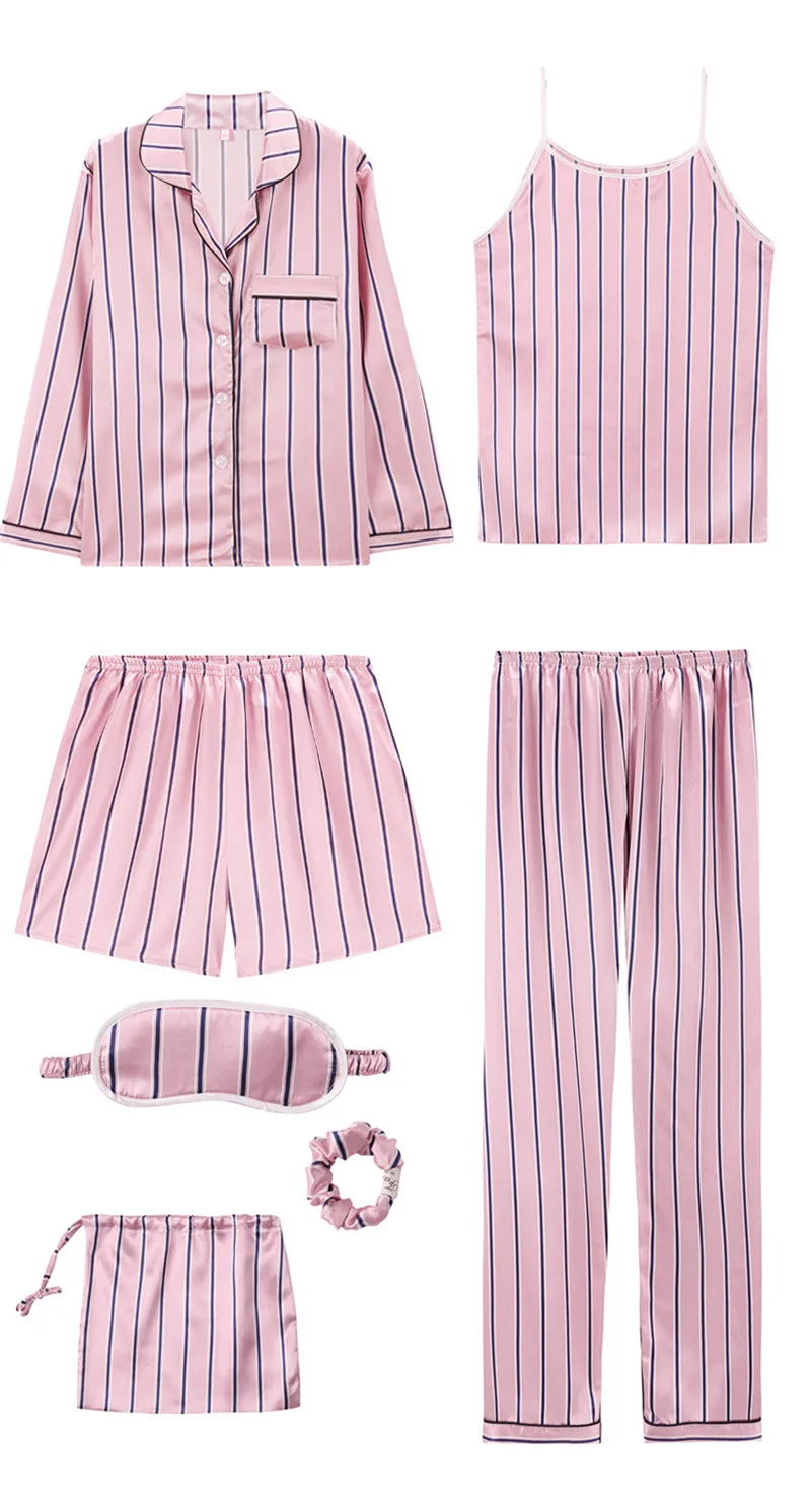 JULY'S SONG женский пижамный комплект из 7 предметов, женские пижамы из искусственного шелка, женские комплекты одежды для сна на осень и зиму, топы+ шорты+ рубашка+ штаны