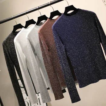 

2020 Autumn Pullovers Sweaters Women Shiny Lurex Knitted Sweater Solid Turtleneck knitwear Long Sleeve Casual Tops Jumper female
