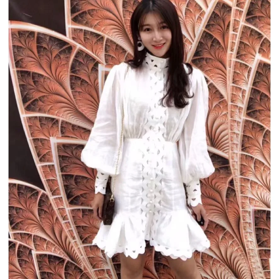 

EXCOSMIC Runway Elegant Hollow-Out Embroidery White Dress Women Vintage Lantern Sleeve Vacation Party Ruffles Short Dresses2019S