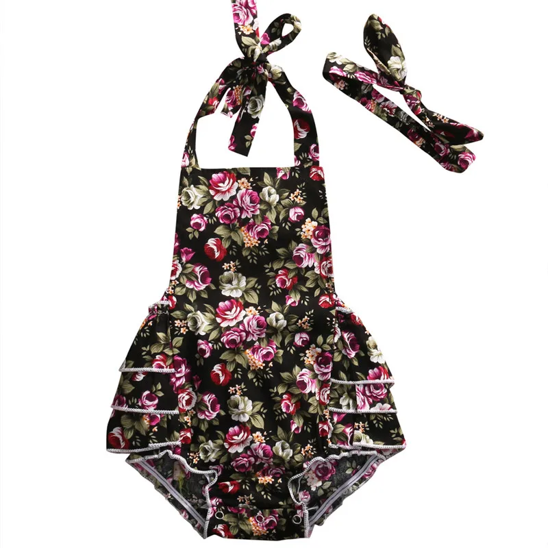 

2018 Summer Floral Baby Girls Clothes Halter Ruffle Sleeveless Bodysuits Jumpsuit Summer Dress Headband Outfits